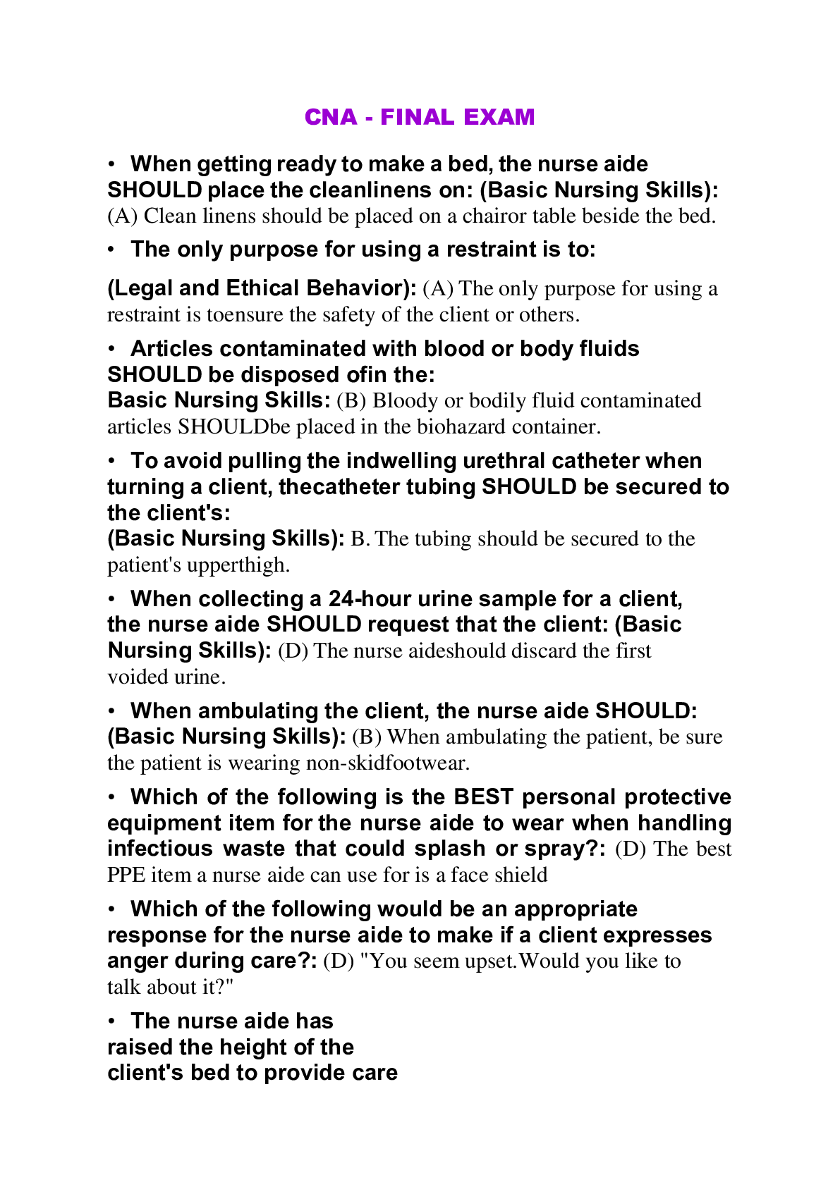 Preview image of CNA - FINAL EXAM document